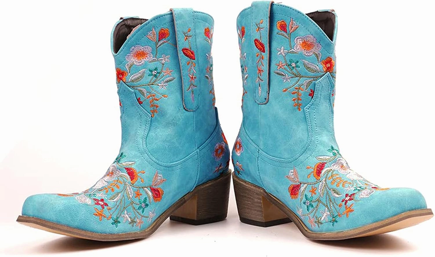 Cowboy Boots for Women Cowgirl Booties for Women Retro Western Mid Calf Chunky Heel Pointed Toe Embroidered Pull on Go Go Boots