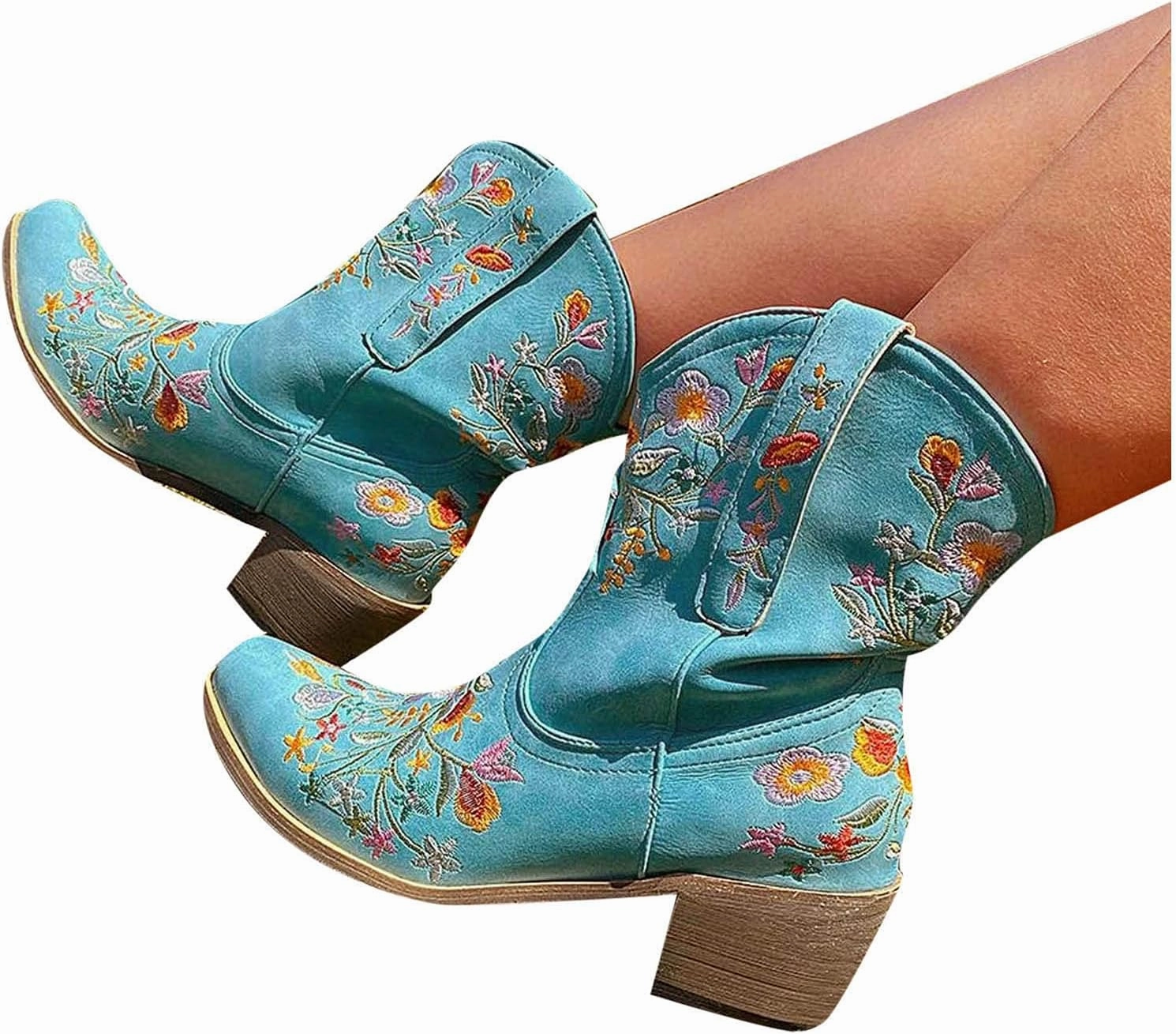 Cowboy Boots for Women Cowgirl Booties for Women Retro Western Mid Calf Chunky Heel Pointed Toe Embroidered Pull on Cheap Winter Boots