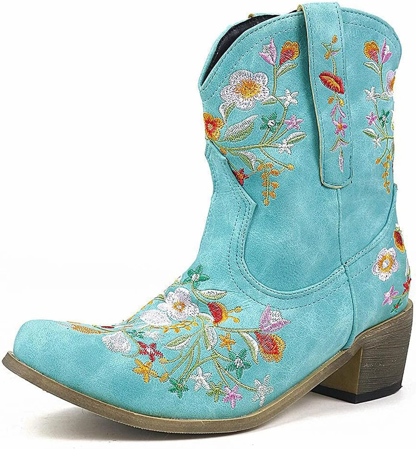 Wide Shaft Riding Boots Cowboy Boots for Women Cowgirl Booties for Women Retro Western Mid Calf Chunky Heel Pointed Toe Embroidered Pull on