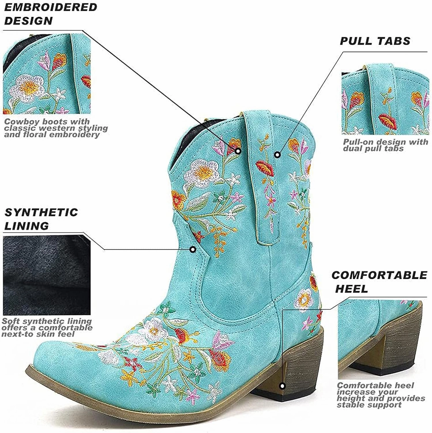 Alex Boots El Paso Cowboy Boots for Women Women Cowgirl BootsWestern Flock Flower Embroidered Pointed Toe Chunky Heel Pull on Women Boot