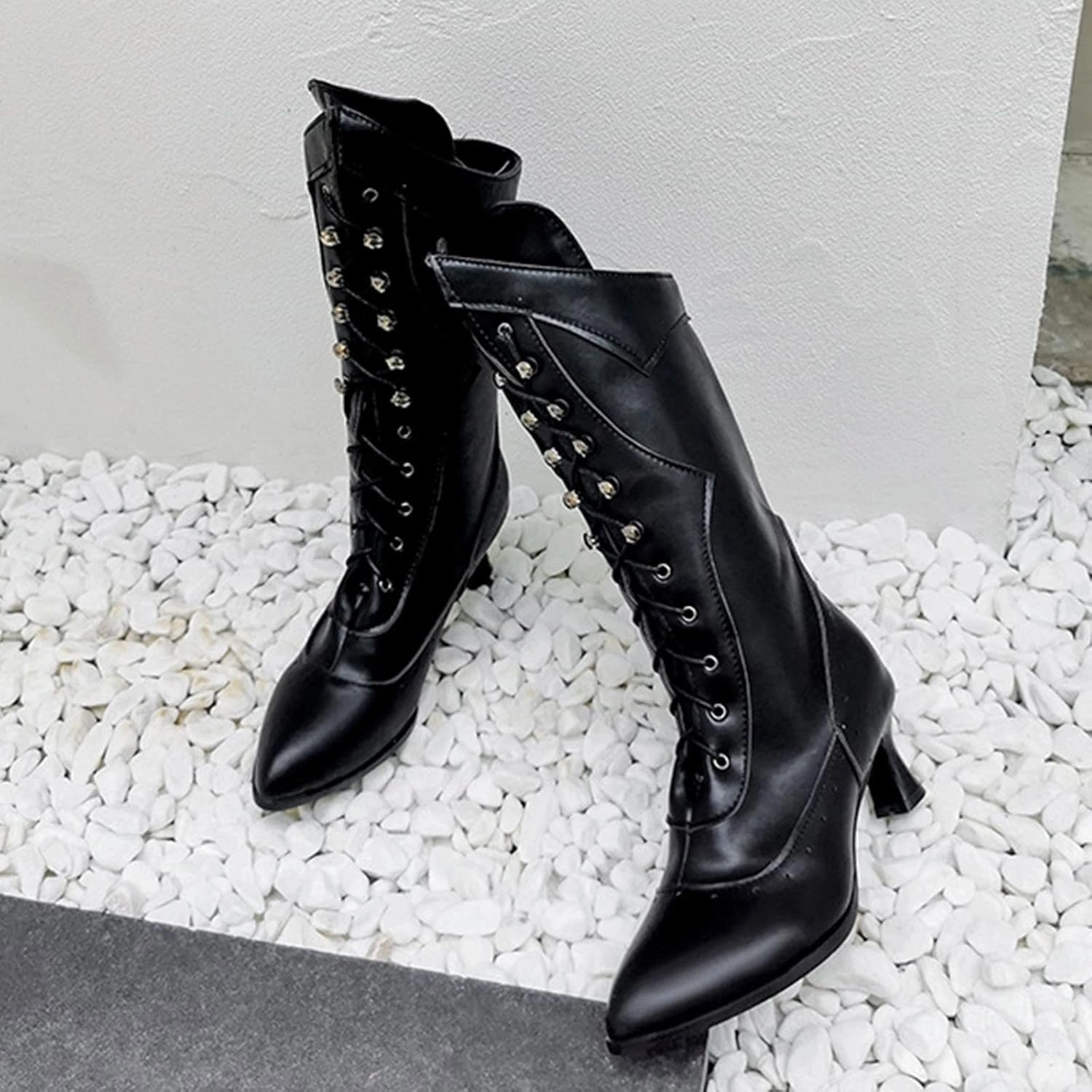 Ctreela Vintage Mid Calf Boots Western Cowboy Bootie Classic Baroque Dress Boot Gothic Knight Boots Witch Boots for Women Magellan Boots