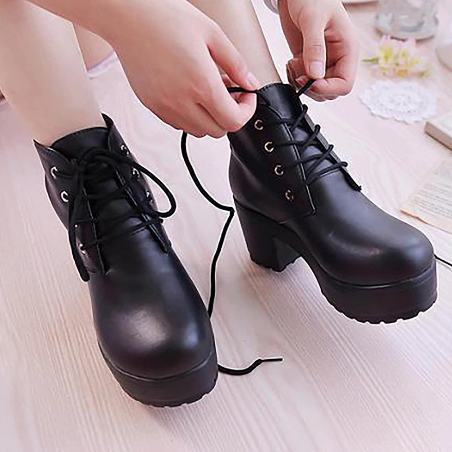 Stiletto Knee Boots Ctreela Womens Goth Platform Combat Boots Chunky Black Block Heels Lace up Ankle Booties Round Toe Shoes Motorcycle Wedges