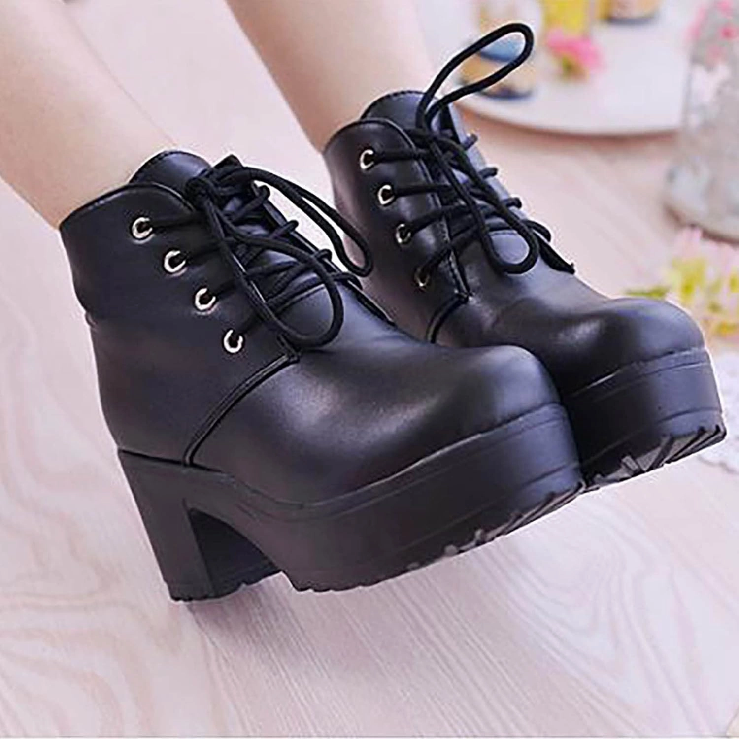 Ctreela Womens Goth Platform Combat Boots Chunky Black Block Heels Lace up Ankle Booties Round Toe Shoes Motorcycle Wedges Wide Calf Thigh Boots