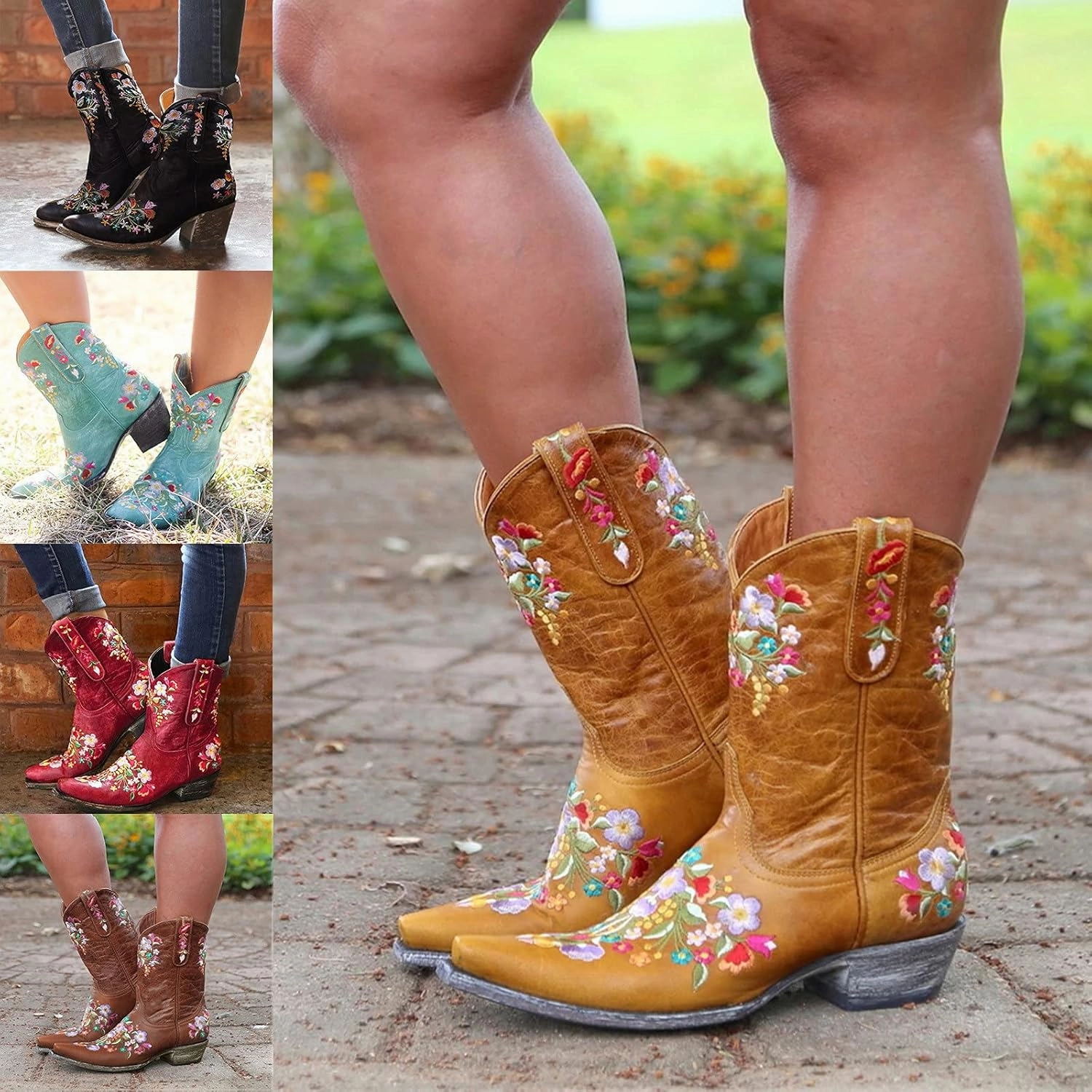 Cowboy Boots for Women Cowgirl Boots Western Embroidered Chunky Heel Pointed Toe Western Boots Pull On Boots PU Women Cuero Boots