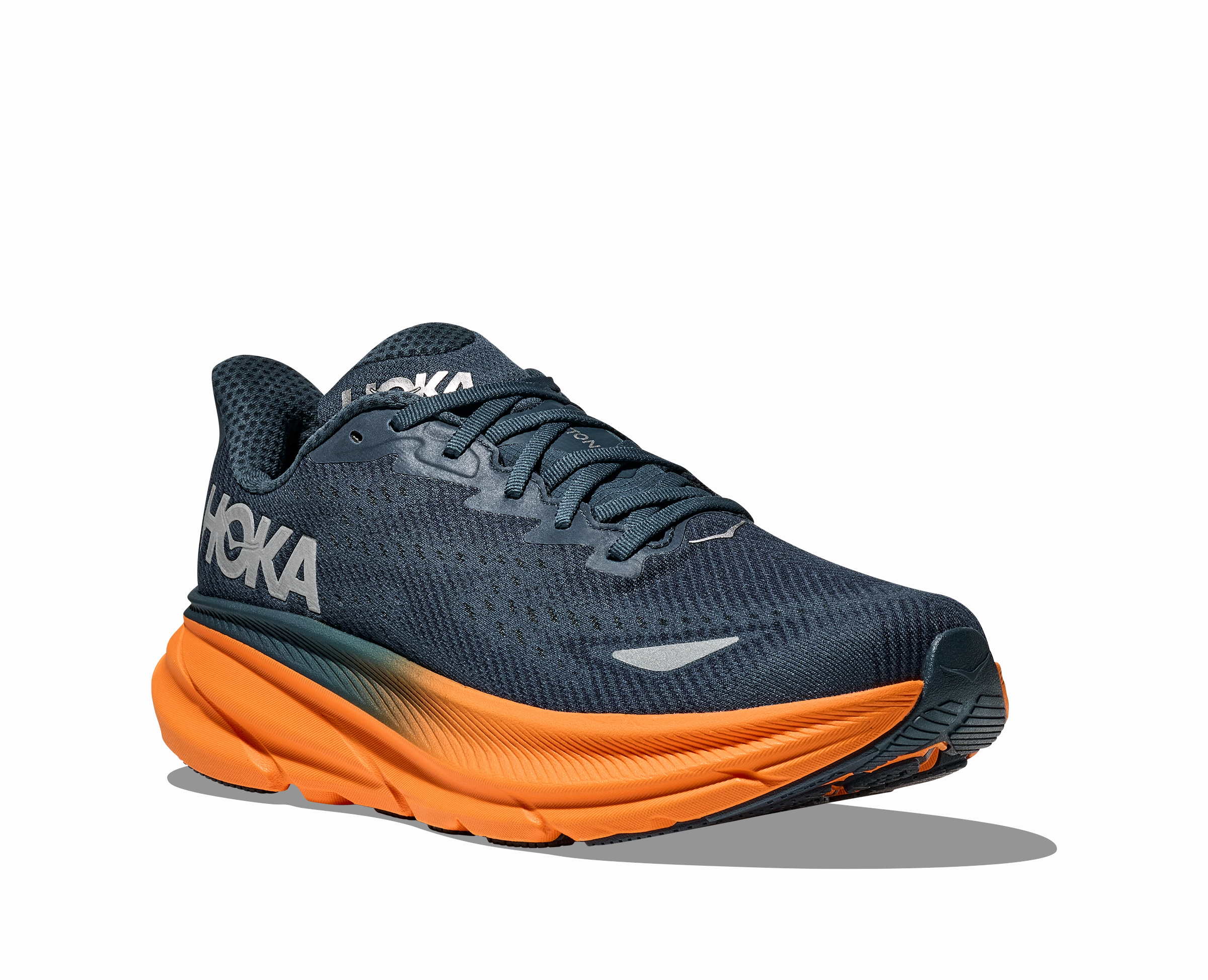 Waterproof Snow Shoes Men's HOKA Clifton 9 GTX  Running Shoe in Stormy Skies / Orange Zest