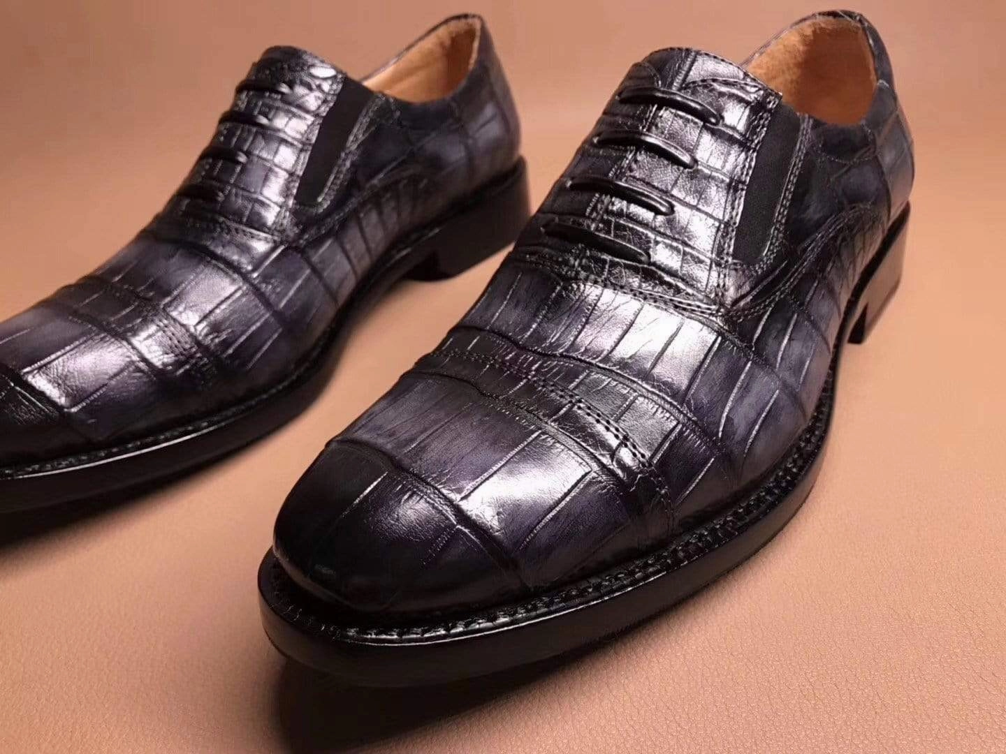 Faux Leather Oxfords Crocodile Shoes Dark Grey Crocodile Leather Lace Up Shoes