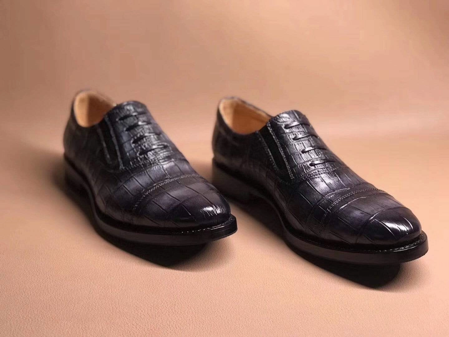 Finley Comfort Oxfords Crocodile Shoes Dark Grey Crocodile Leather Lace Up Shoes