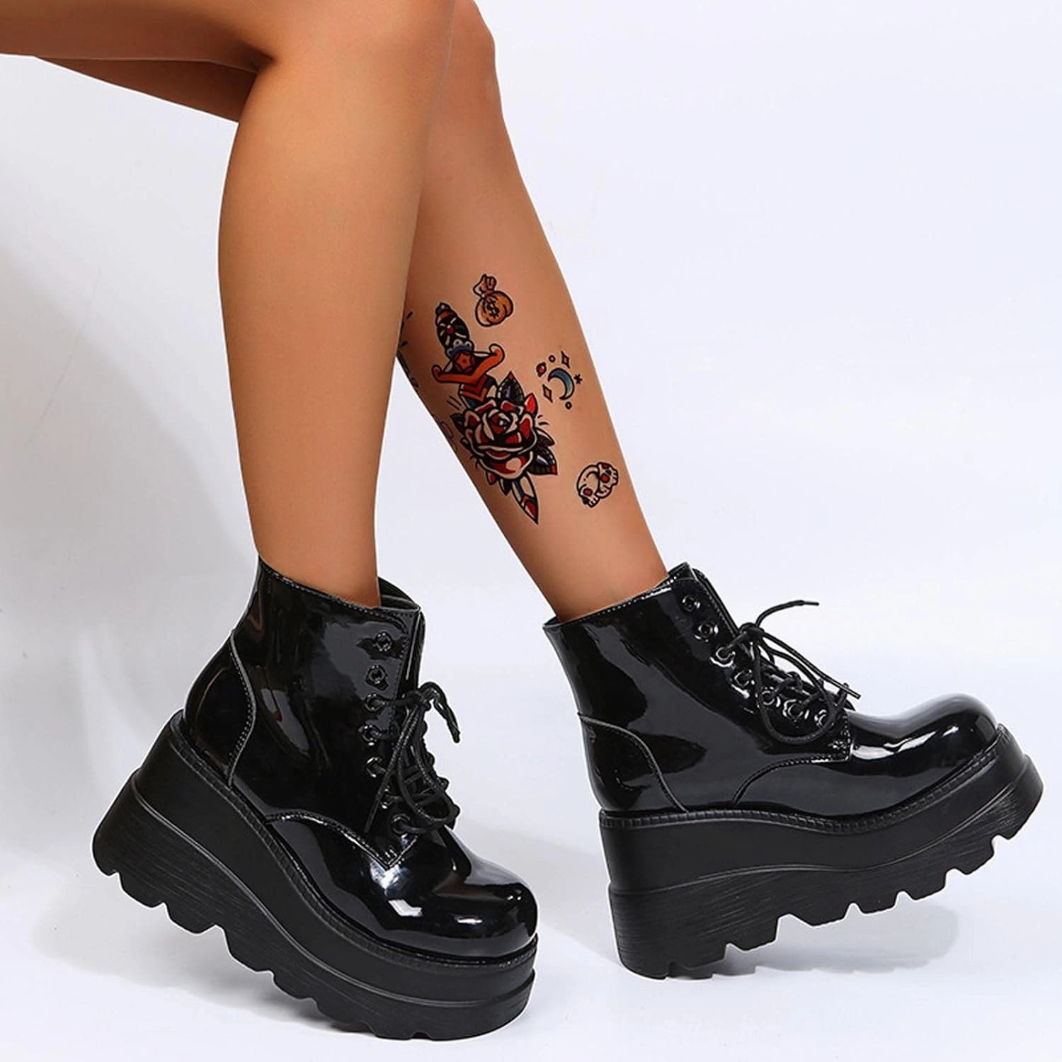 Humpty Dumpty Puss In Boots Ctreela Gothic Platform Booties for Women Black PU Leather Chunky Block Heel Boots Combat Ankle Boot Punk Motorcycle Wedges