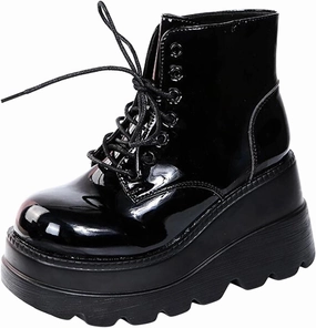 Ctreela Gothic Platform Booties for Women Black PU Leather Chunky Block Heel Boots Combat Ankle Boot Punk Motorcycle Wedges Camp Boots