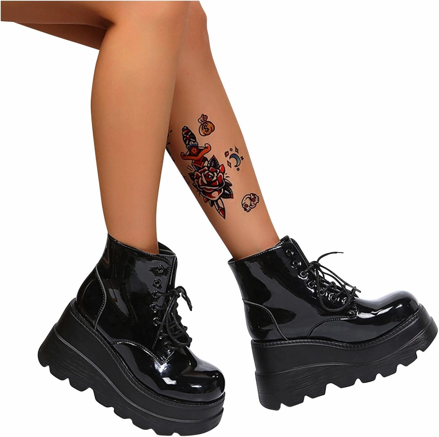 Waterproof Chelsea Boots Ctreela Gothic Platform Booties for Women Black PU Leather Chunky Block Heel Boots Combat Ankle Boot Punk Motorcycle Wedges