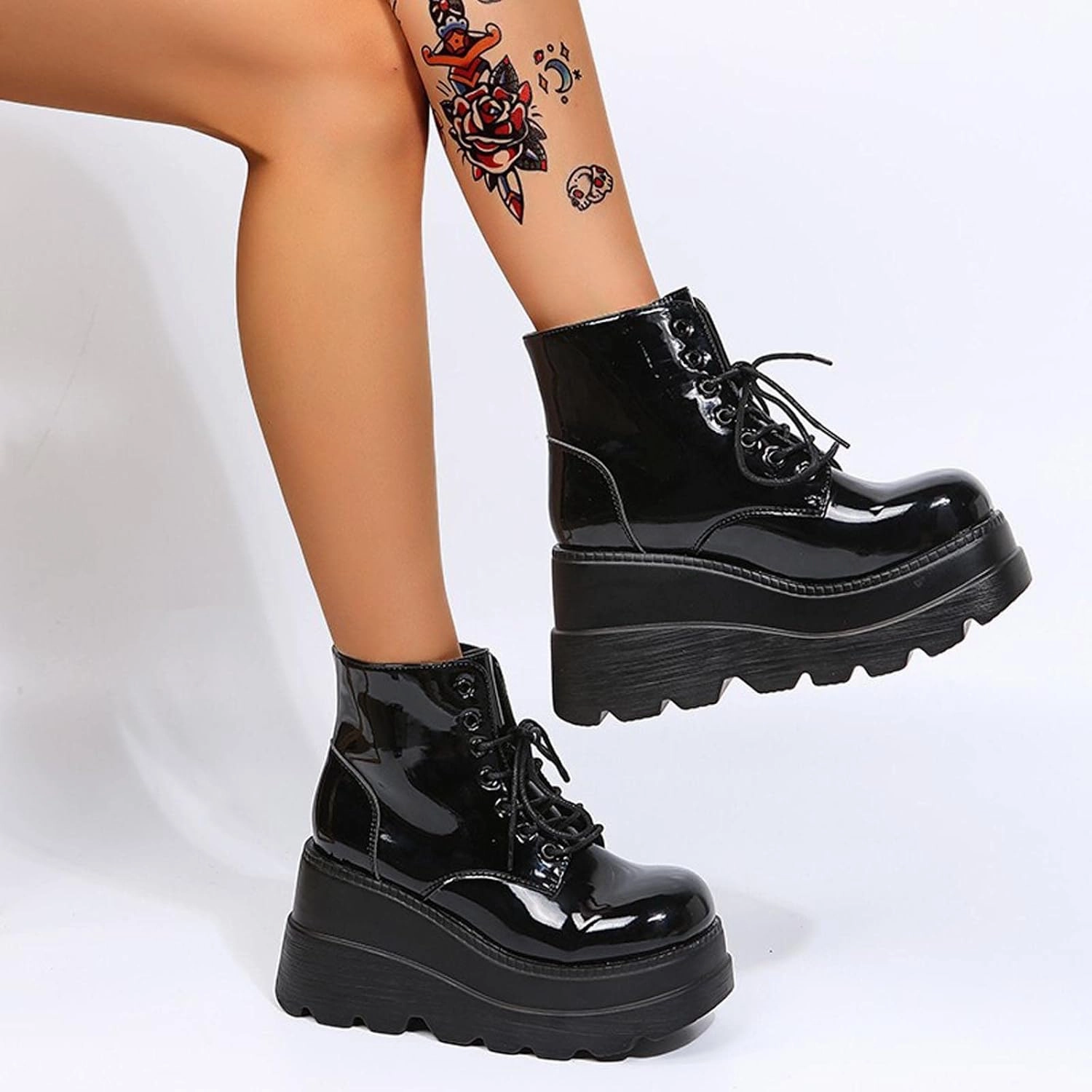 In Leather Boots Ctreela Gothic Platform Booties for Women Black PU Leather Chunky Block Heel Boots Combat Ankle Boot Punk Motorcycle Wedges