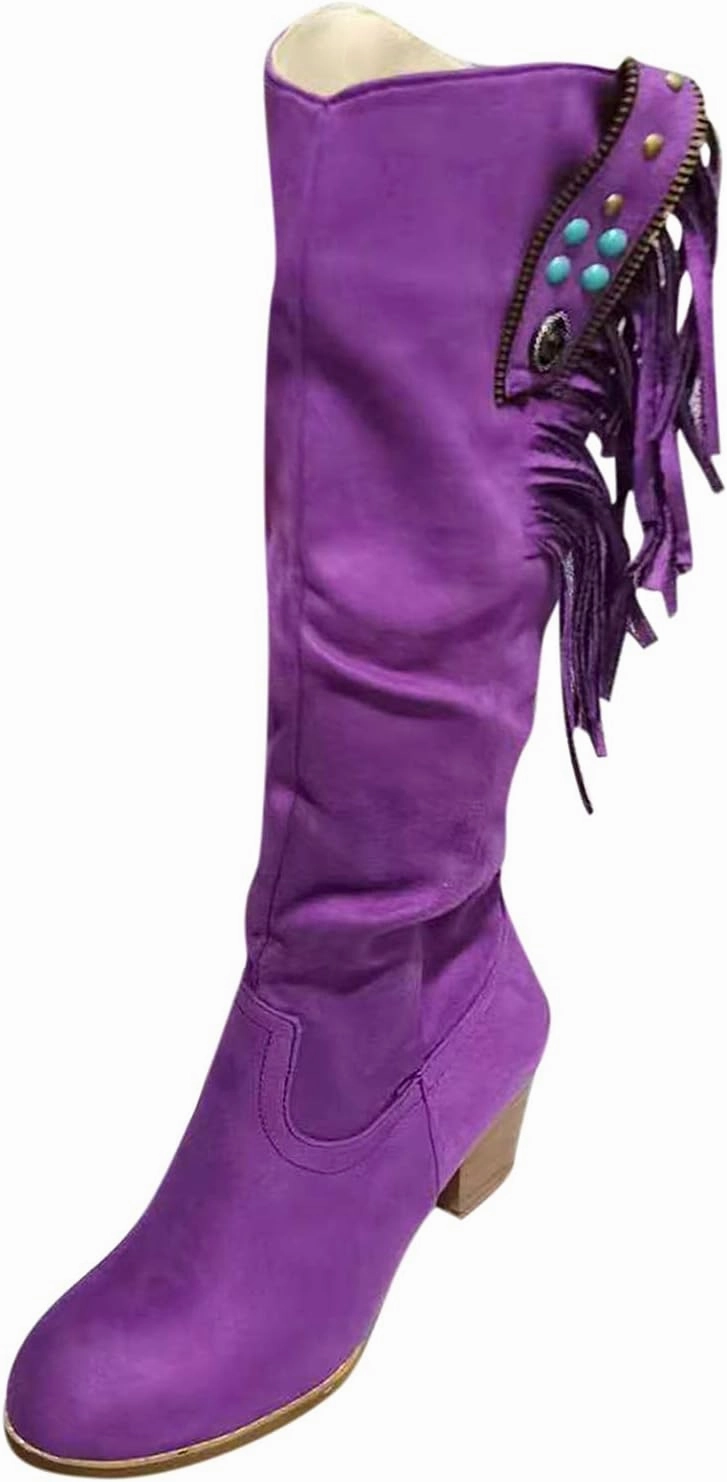 Eduavar Cowboy Boots for Women Cowboy Style, Cowgirl Boots Women Chunky Heel Boots Fashion Retro Knee Toe Fringe Boots Shoes Walking Hiking Boots