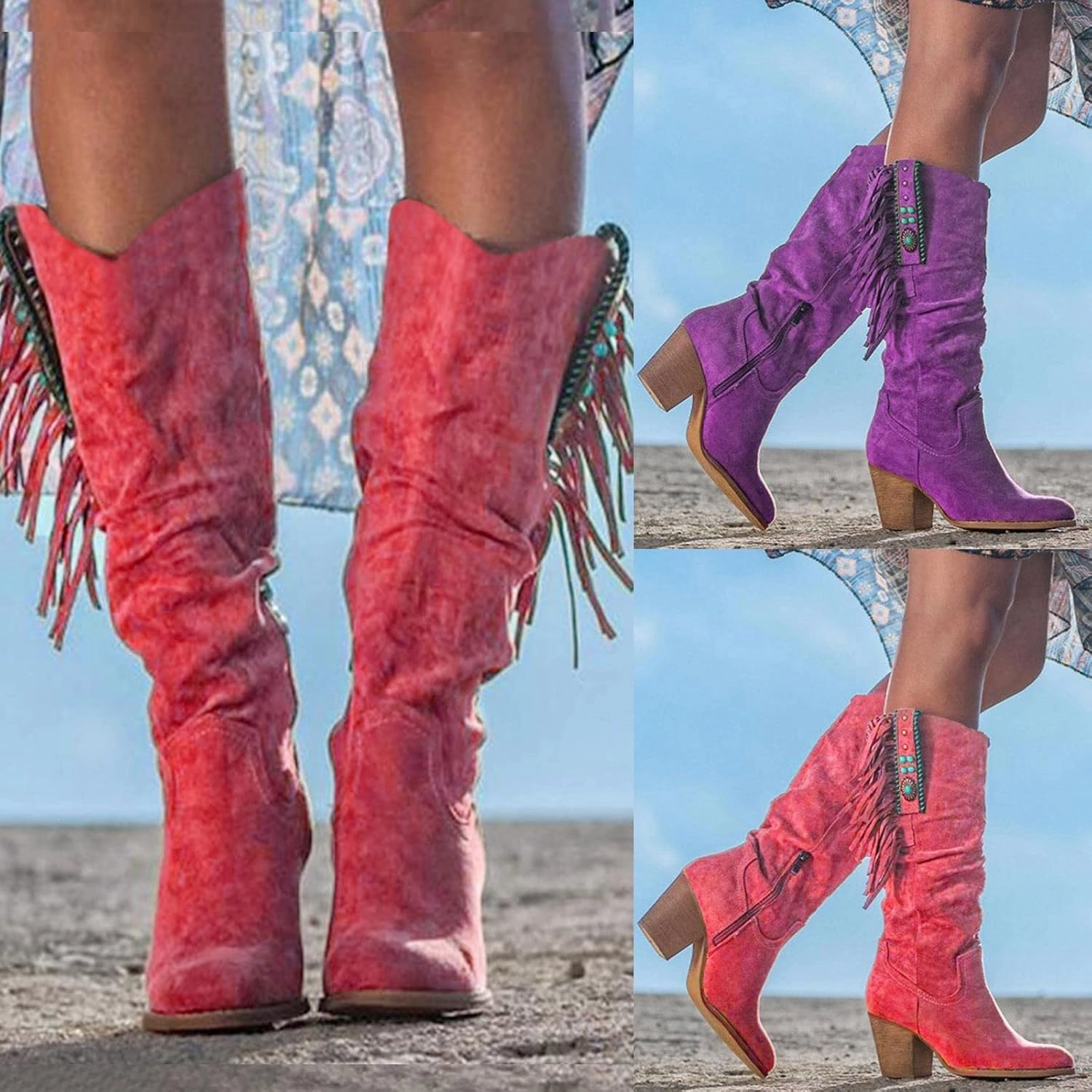 Eduavar Cowboy Boots for Women Cowboy Style, Cowgirl Boots Women Chunky Heel Boots Fashion Retro Knee Toe Fringe Boots Shoes Sundance Boots