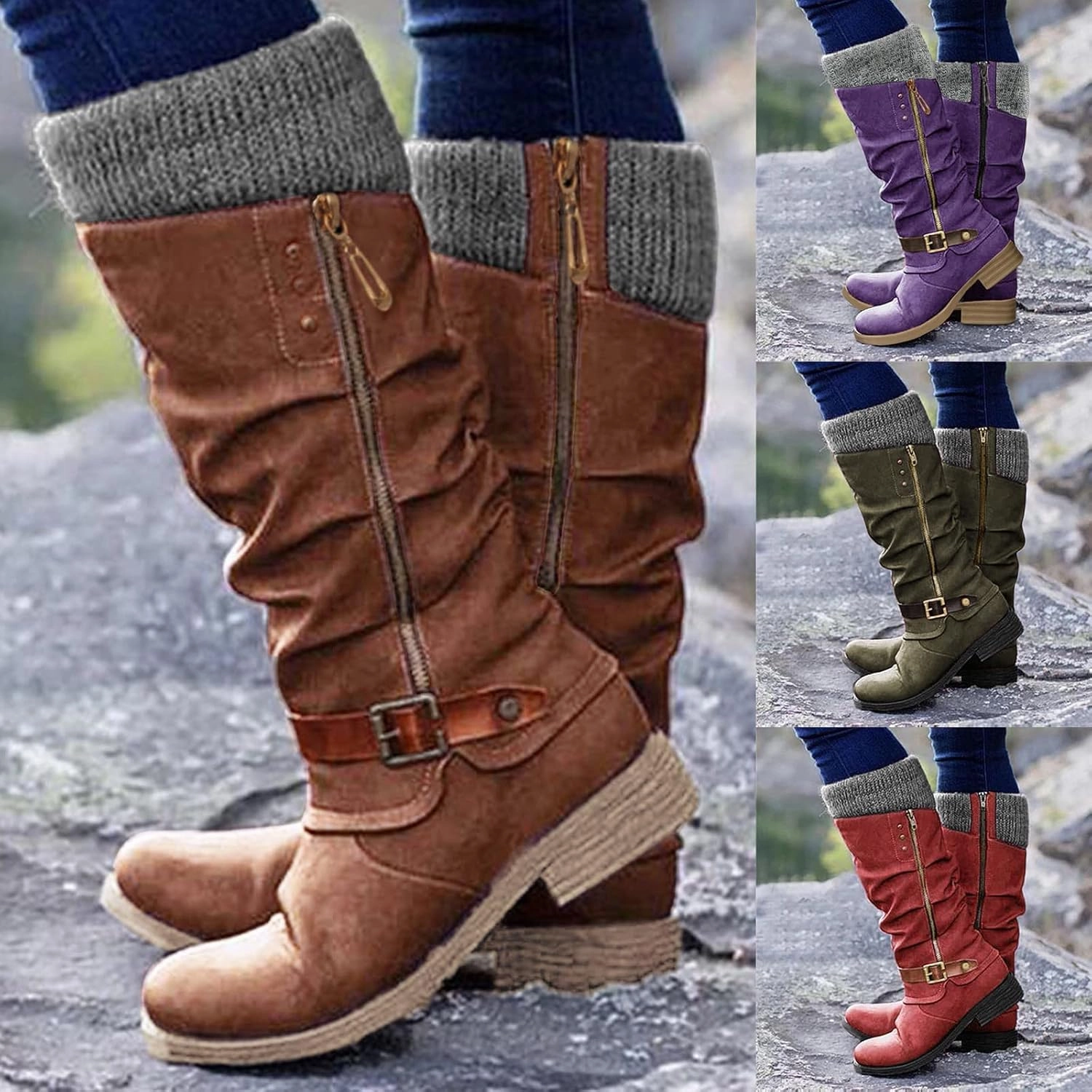 Boots Of Spring Heeled Jack Eduavar Cowboy Boots for Women Cowboy Style, Western Boots Women Wide Calf Retro Round Toe Boots Ladies Chunky Heel Boots