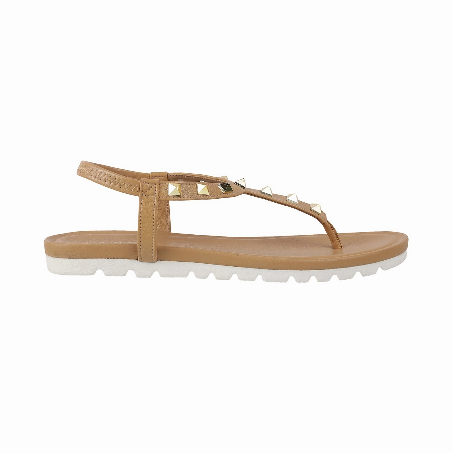 Tan Leather Slip Ons Lazera Women's Studded T-Strap Flats (1540)