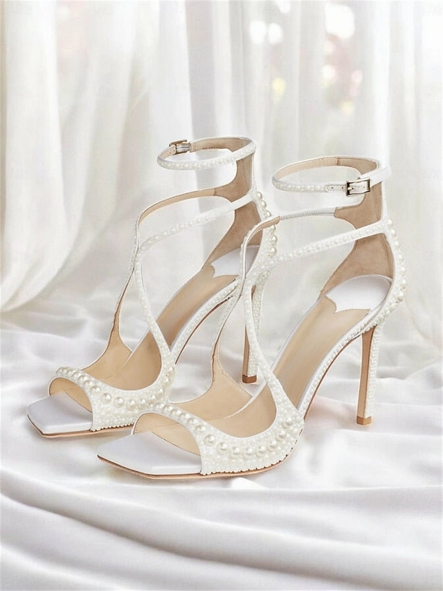 Stiletto Sandals Pearl-Embellished White Open-Toe with Ankle Crocs Wedge Sandals