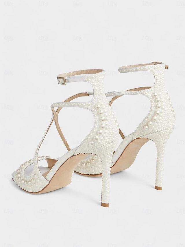 Stiletto Sandals Pearl-Embellished White Open-Toe with Ankle Toe Covered Sandals