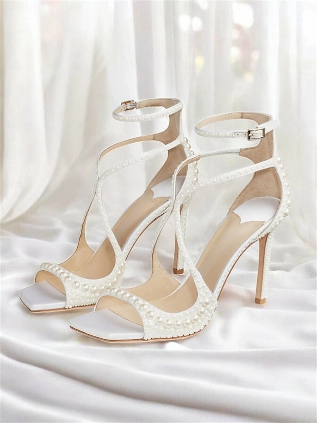 Stiletto Sandals Pearl-Embellished White Open-Toe with Ankle Best Travel Sandals For Walking