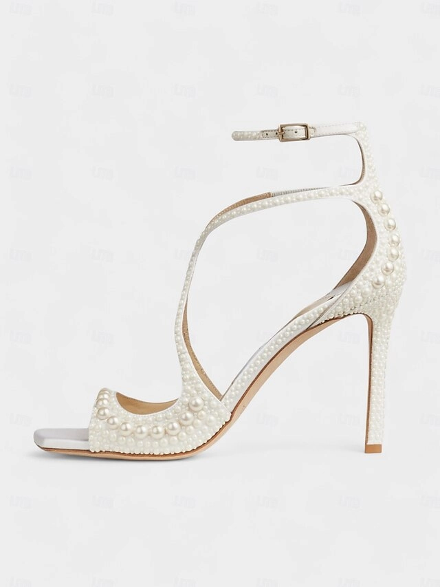 Capri Sandals Stiletto Sandals Pearl-Embellished White Open-Toe with Ankle