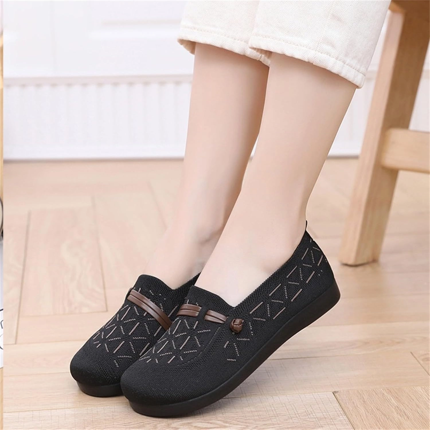 Women's Mesh Casual Shoes Knit Slip On Walking Shoes Wide Width Dress Flat Breathable Flying Woven Orthopedic Sneaker Branded Sneakers
