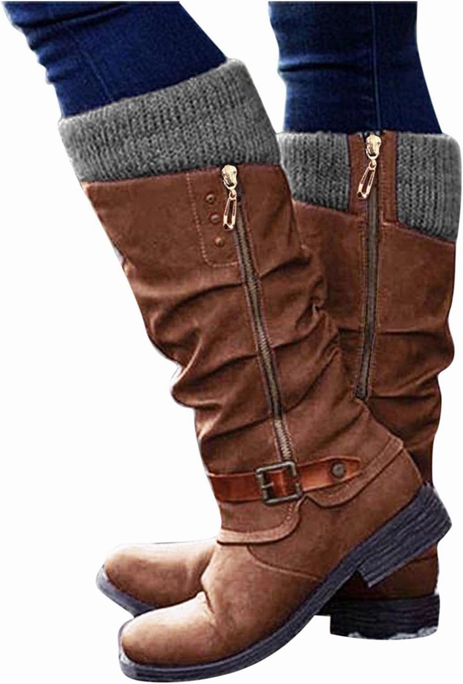 Freddie Mercury Sneakers Women's Mid Calf Boots Round Toe Chunky Block Low Heel Retro Motorcycle Buckle Combat Boots Fashion Warm Zipper Solid Color Boots for Women-7