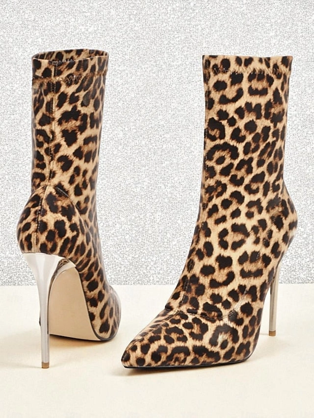 Leopard Boots Stiletto Pointed - Women's Sexy Ankle Print Extra Wide Cowgirl Boots