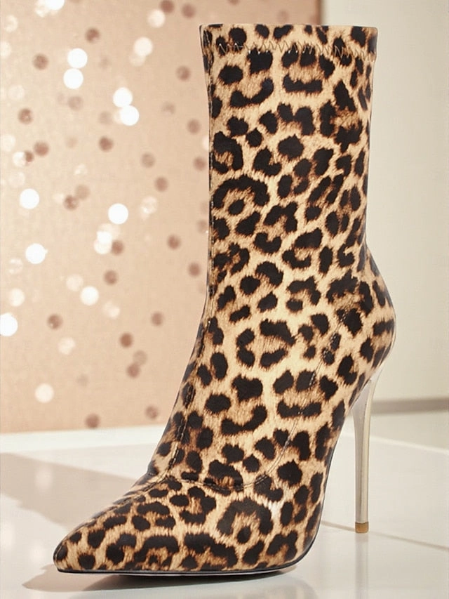 Leopard Boots Stiletto Pointed - Women's Sexy Ankle Print Outfits To Wear With Boots