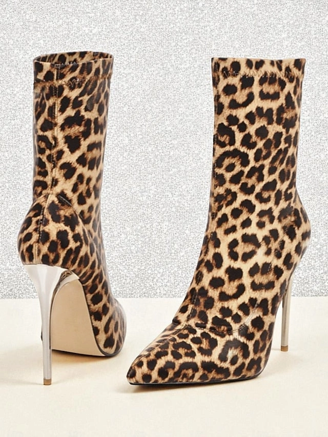 Leopard Boots Stiletto Pointed - Women's Sexy Ankle Print