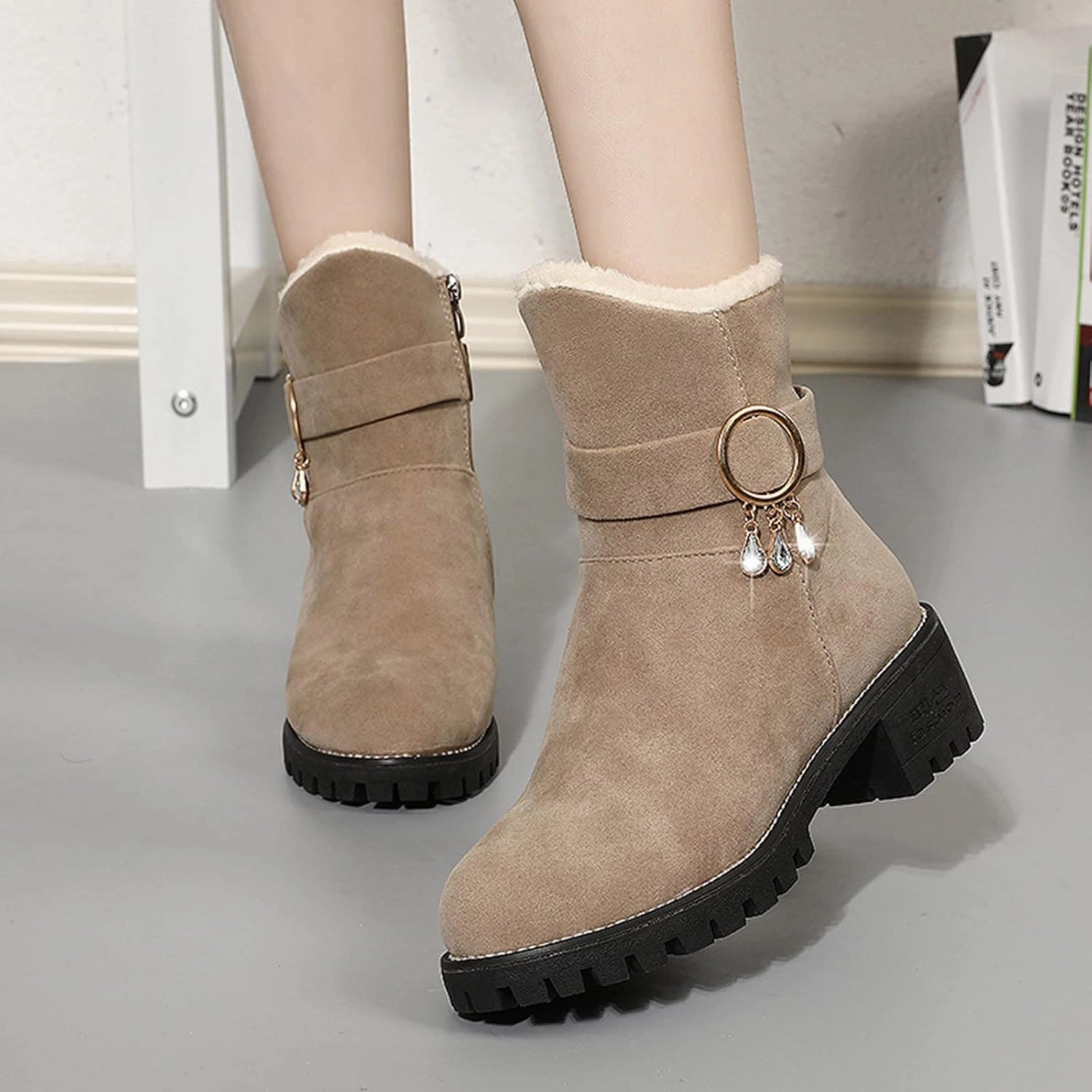 Snow Boots for Women Mid Calf Boots Non-Slip Sole Solid Color Plush Warm Suede Side Zipper Rhinestone Snow Boots Boots Ostrich