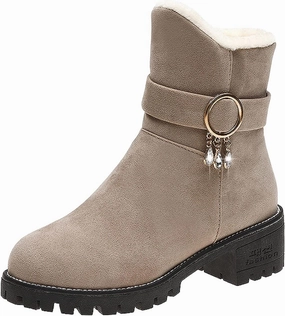 Korks Boots Snow Boots for Women Mid Calf Boots Non-Slip Sole Solid Color Plush Warm Suede Side Zipper Rhinestone Snow Boots