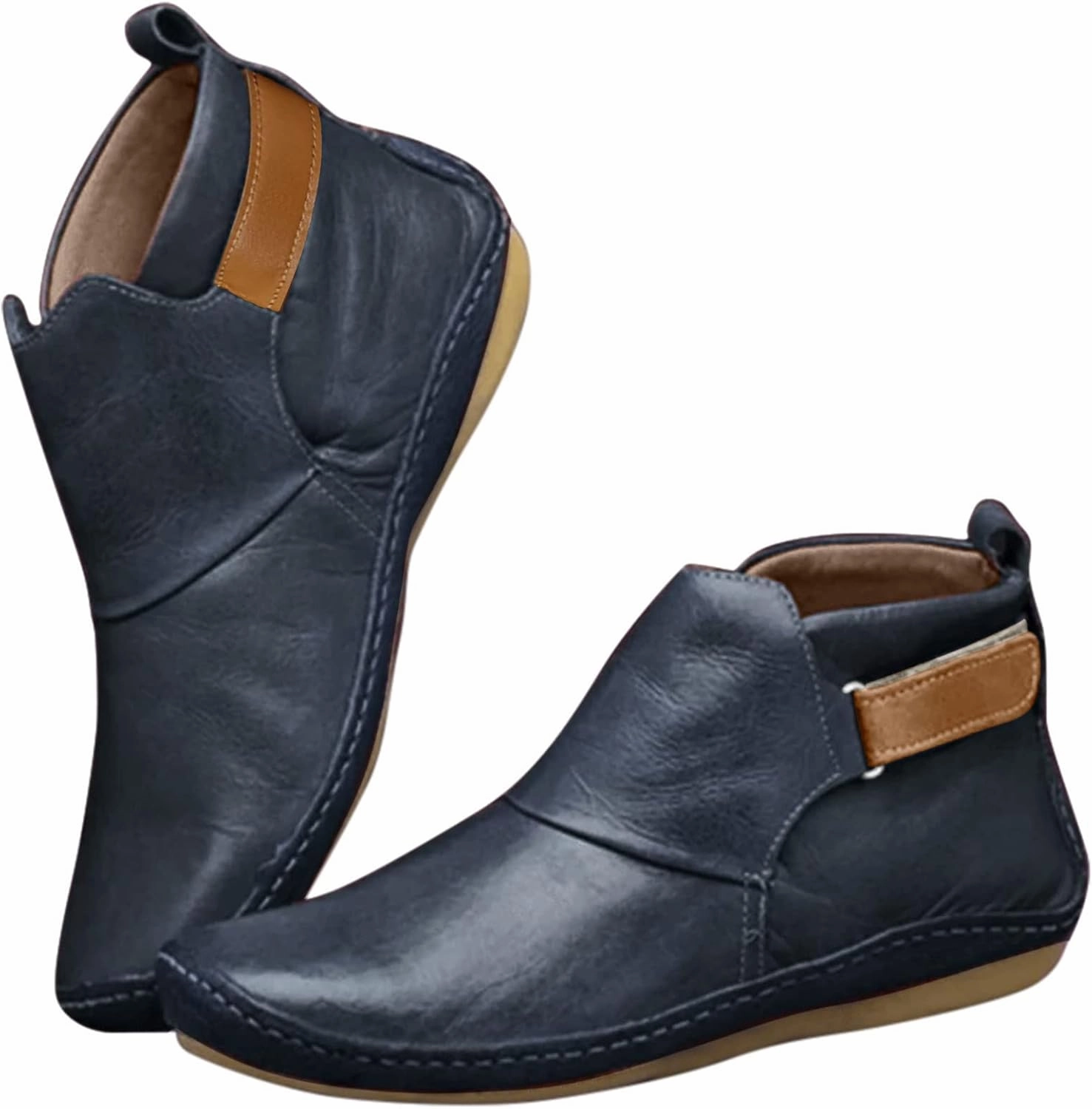 Eduavar Cowboy Boots for Women Cowboy Style, Western Boots Women Leather Round Toe Flat Heel Outdoor Boots with Ankle Strap Puss And Boots Cast