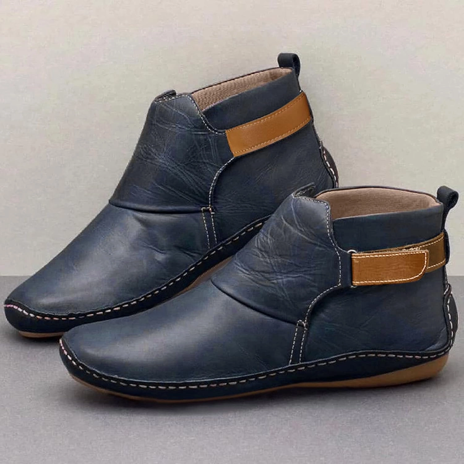 Eduavar Cowboy Boots for Women Cowboy Style, Western Boots Women Leather Round Toe Flat Heel Outdoor Boots with Ankle Strap Authorized Boots