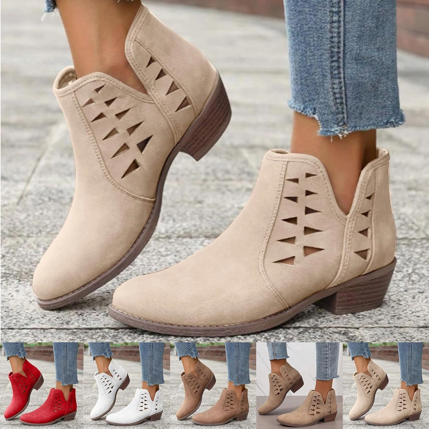 Fashion Women Low Heel Boots Casual Boots Ankle Booties Suede Flock Pointed Toe Pull on Short Boots Rubber Sole Booties
