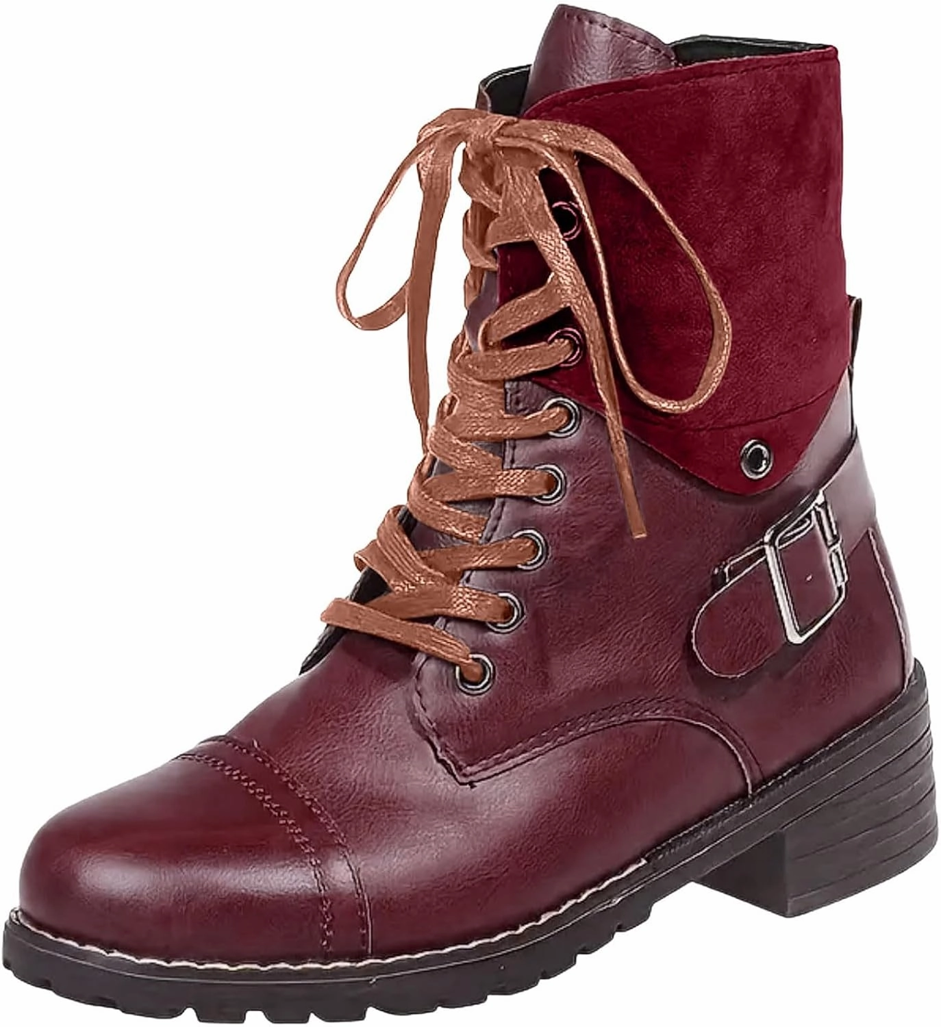 Rebel Boots Combat Boots for Women Mid Calf Women Boots Women's Lace Up Combat Fashion Low Chunky Heel Booties Shoes