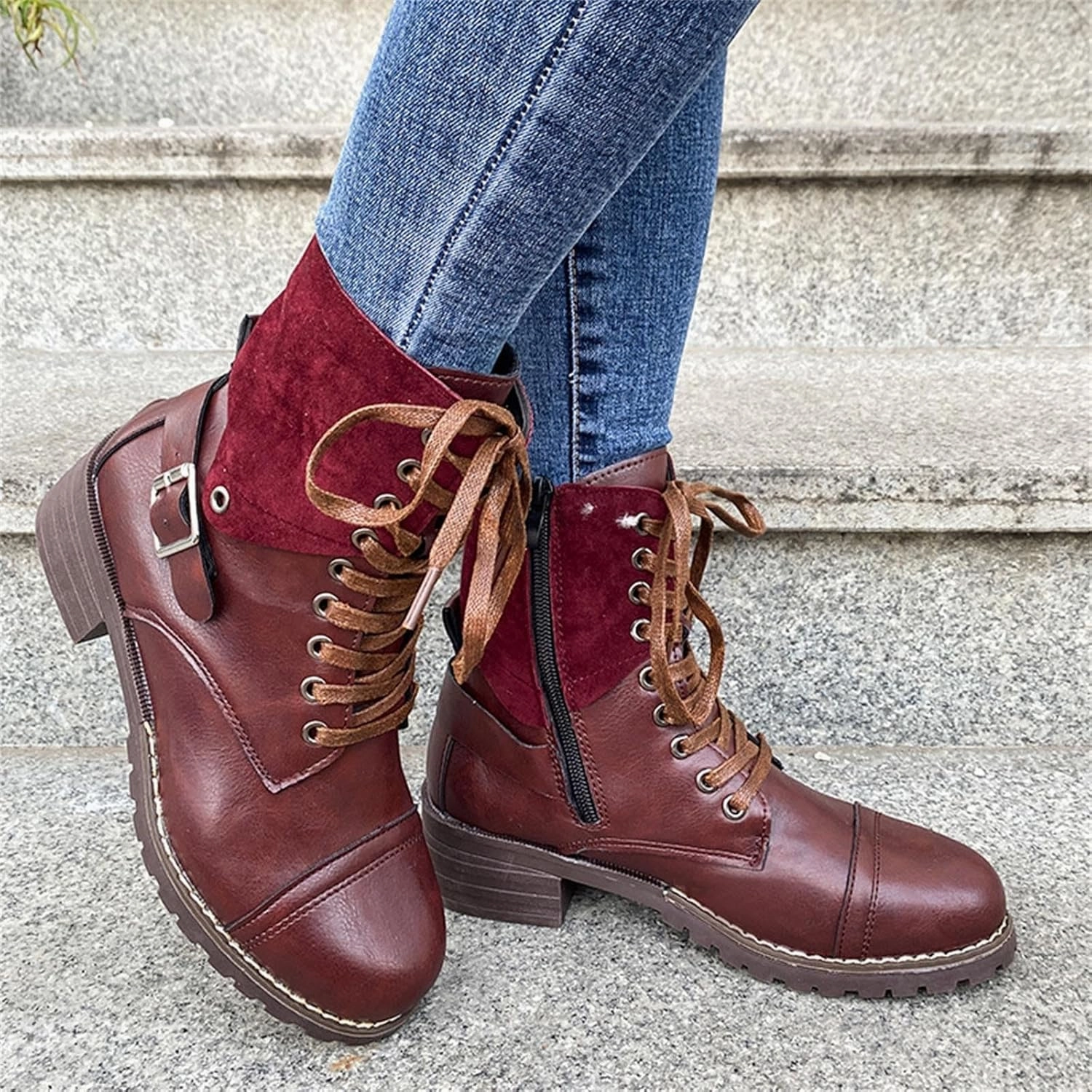 Brown Work Boots Combat Boots for Women Mid Calf Women Boots Women's Lace Up Combat Fashion Low Chunky Heel Booties Shoes