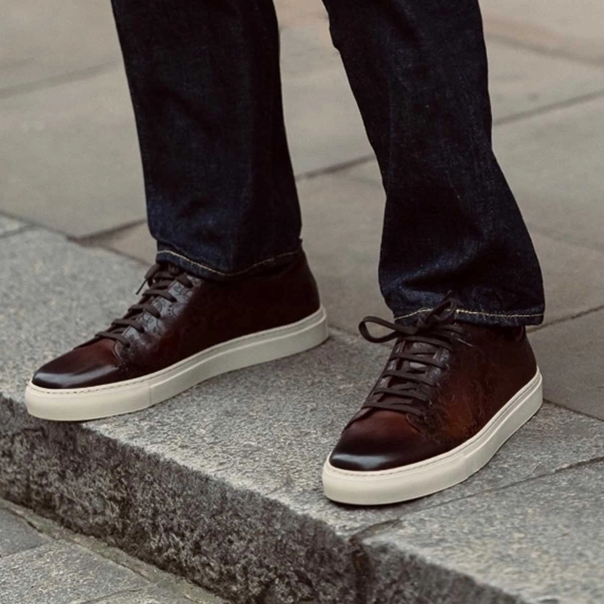 Leather Platform Oxfords BARKER Paisley Sneakers - Mens - Chestnut Hand Painted