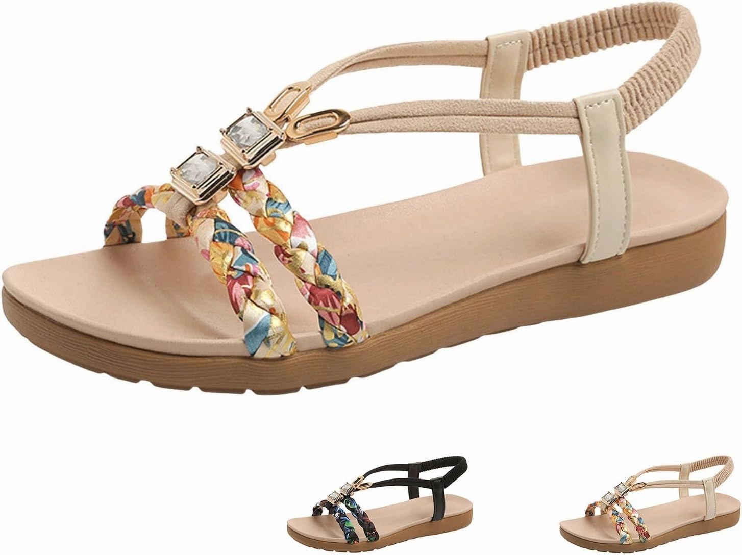 Sneakers For Everyday Summer Sandals for Women Bohemian Pearl Crystal Flat Sandal Open Toe Slip-On Casual Walking Shoes Comfortable Ankle Strap Outdoor Beach Shoes Orthopedic Arch Support Sandals