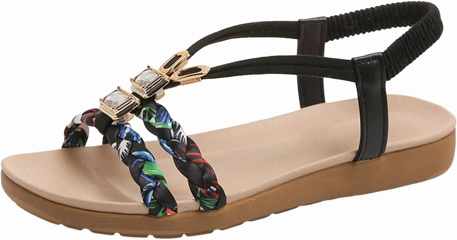 Summer Sandals for Women Bohemian Pearl Crystal Flat Sandal Open Toe Slip-On Casual Walking Shoes Comfortable Ankle Strap Outdoor Beach Shoes Orthopedic Arch Support Sandals Sneakers To Wear With A Suit