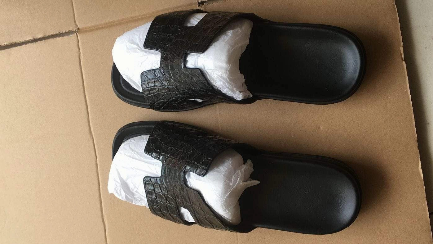 Genuine Crocodile Belly Leather Mens Slipper Black Toddler Slide Sandals