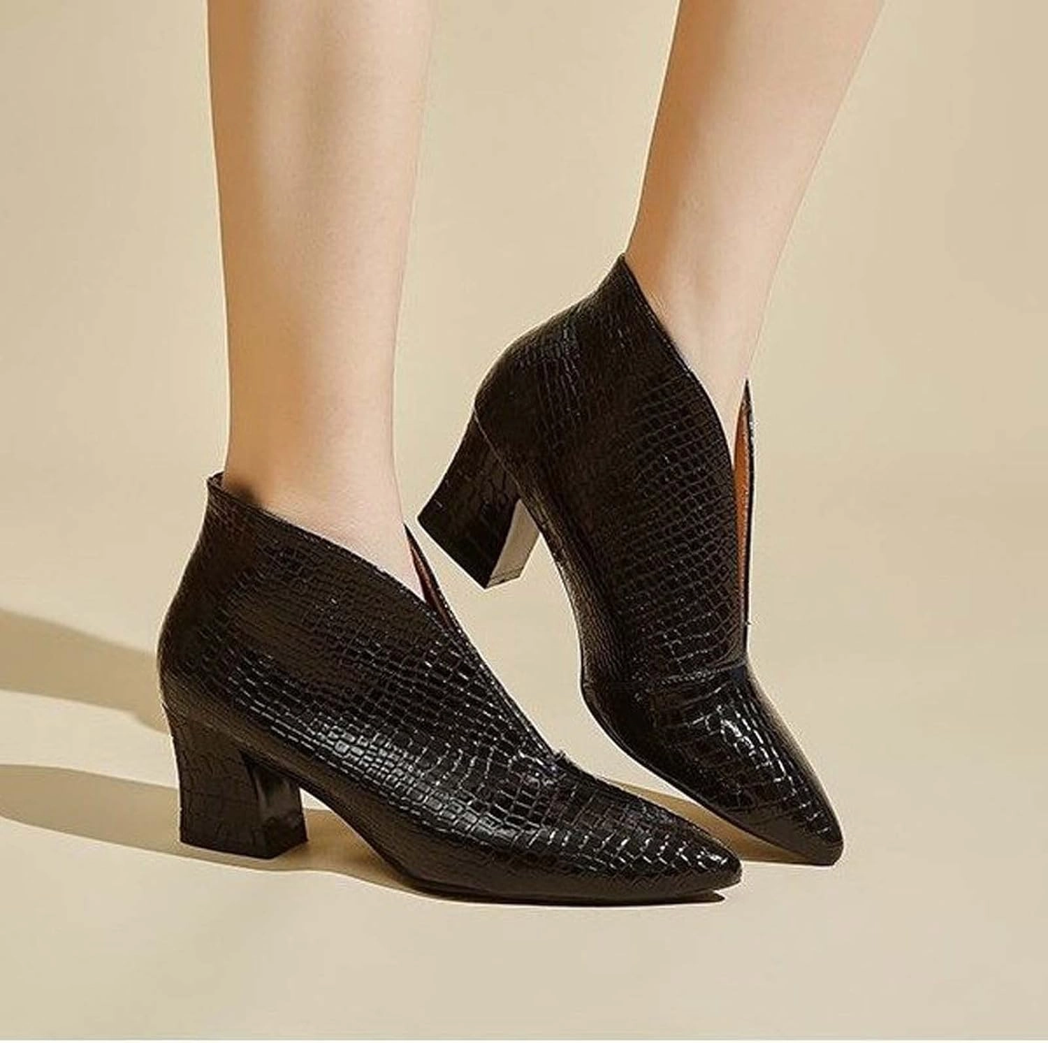 Boots for Women Ankle Booties 2022 Fashion Slip on Snake Pattern Pointed Toe V Cutout Block Chunky High Heel Boots Fall Winter Slouchy Ladies Shoes David Tate Boots