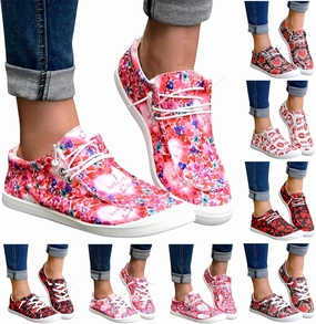 Gumipy Women's Lace-Up Loafers Valentine's Day Love Heart Print Fashion Sneaker Comfortable Lightweight Canvas Shoes Breathable Walking Shoes Best Sneakers For Cross Training