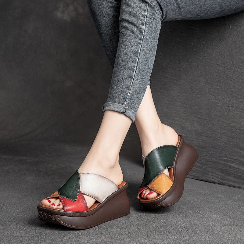 Women Summer Retro Leather Wedge Slide Sandals Strappy Wedge Heel Sandals