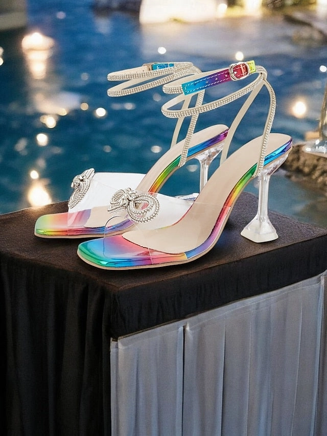 Heel with Clear High Colorful Crystal Detail Heels Rainbow Bow - Platform Boots High Heels