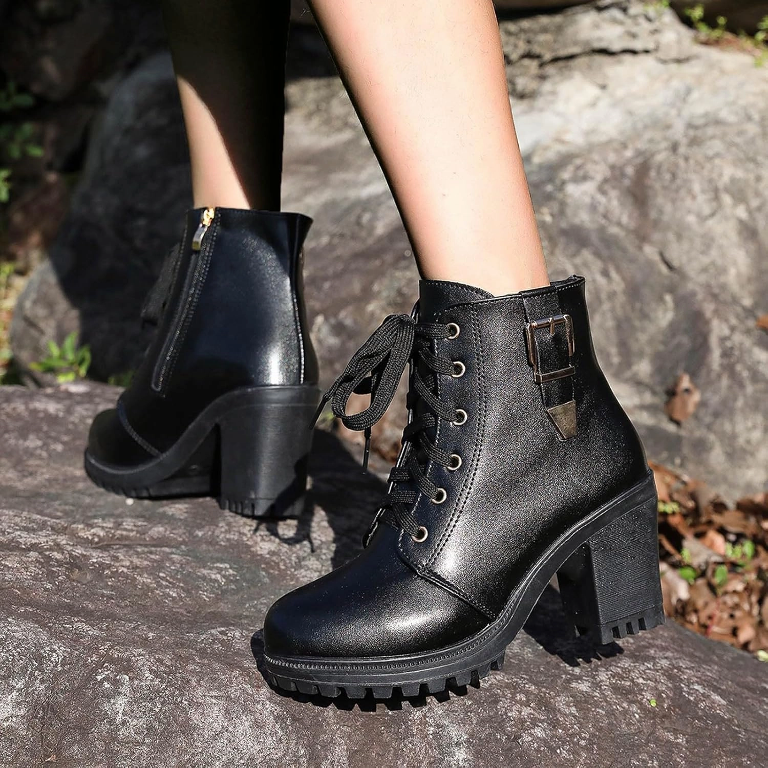 Air Max Boots High Heel Black Ankle Booties Black Boots for Women Heel Fall Casual Round Toe Thick Chunky High Heel Lace Up Shoes