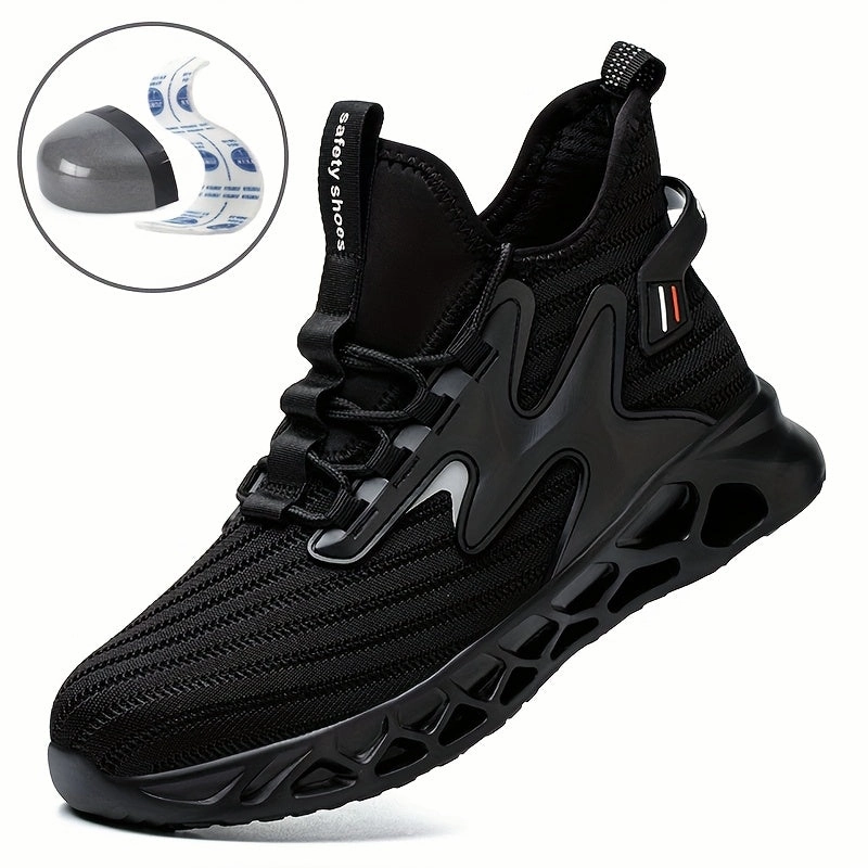 High New Men Work Sneakers Air Cushion Safety Shoes Anti Smashing Anti Stabbing Work Shoes Breathable Mesh Steel Toe Shoes Knee High Block Heel Leather Boots