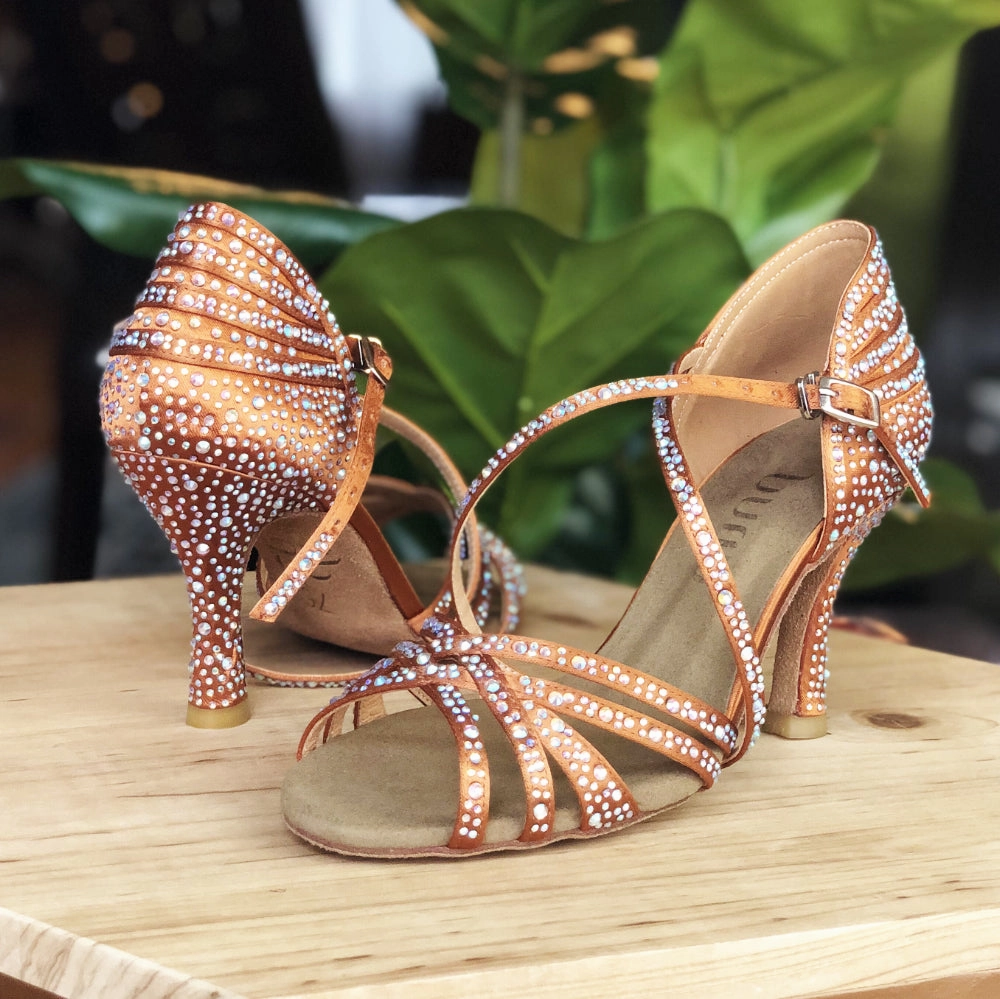 Christalina - Rhinestone Performance Latin Dance Shoes (Suede Sole) Boyfriend Jeans High Heels