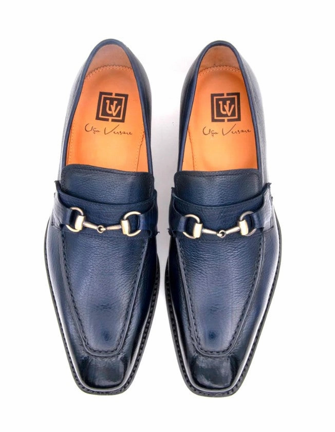 "Harry" Lama Skin Slip-On Loafer Navy Brown Slip On Mules
