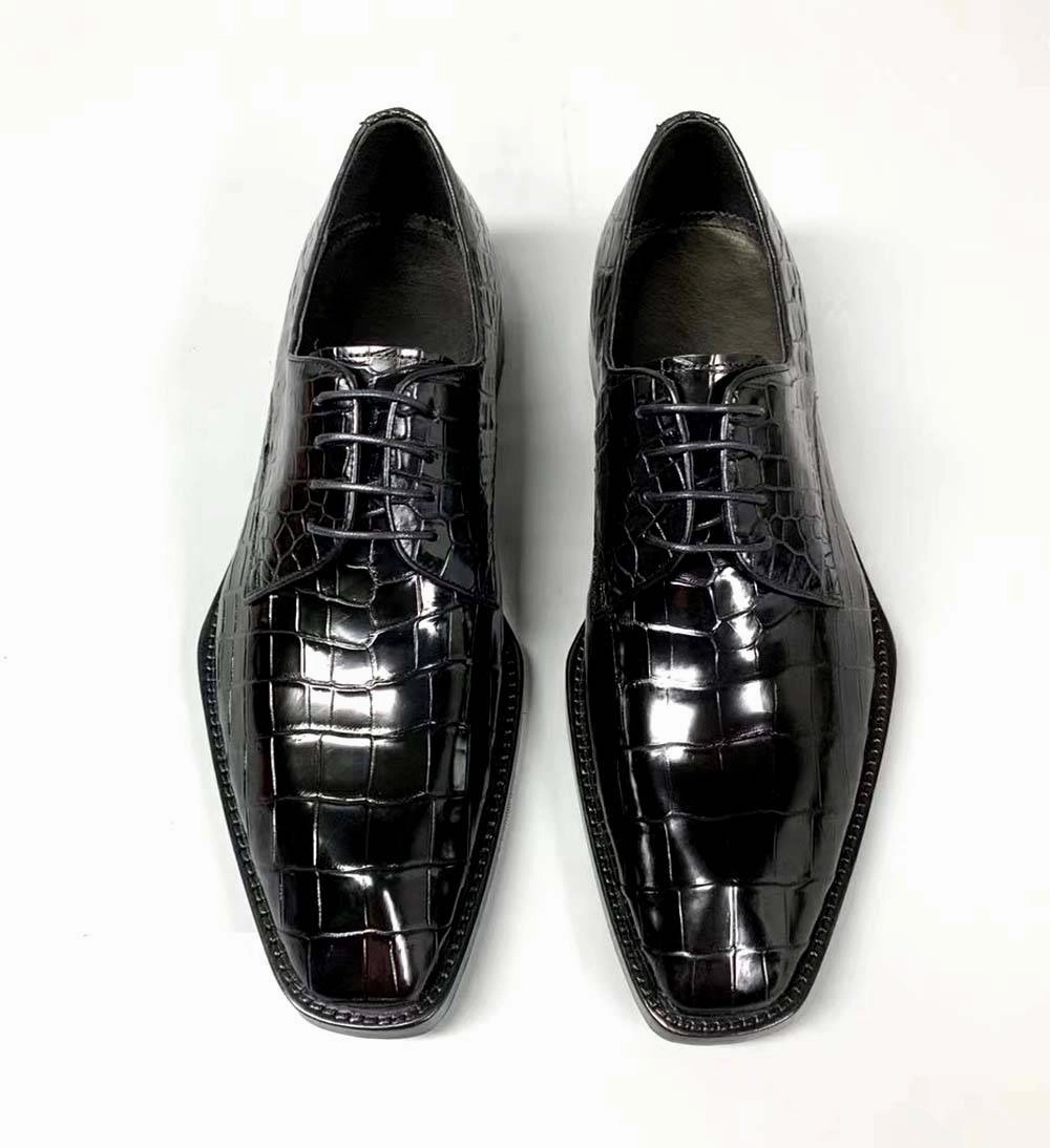 Crocodile Shoes Men's Crocodile Leather Lace-up Dress Shoes Square Toe Black Business Mens Shoes Free Shipping Size38-44 Oxfords Boots
