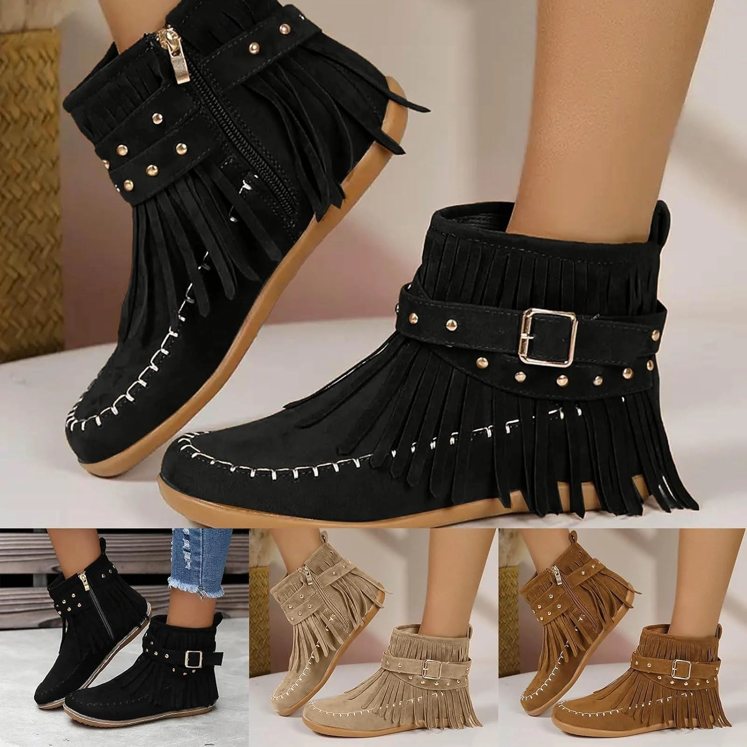 Boots for Women Ankle Booties Western Boots Women Fashion Fringe Boots Tassel Flock Lace up Fall Boots for Women Puppy Boots