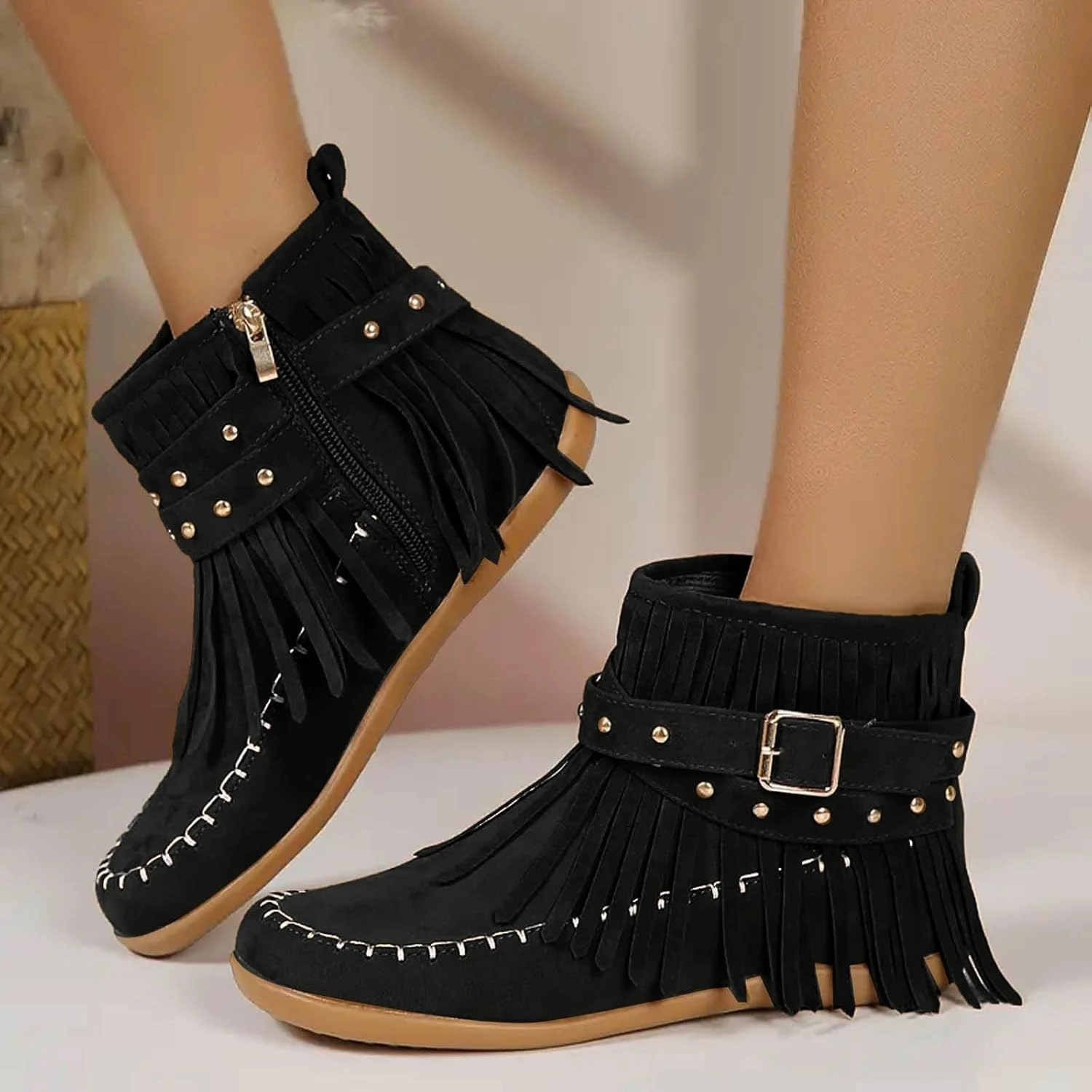 Boots To Suits Boots for Women Ankle Booties Western Boots Women Fashion Fringe Boots Tassel Flock Lace up Fall Boots for Women